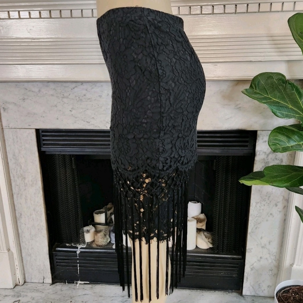Black Lace Pencil Skirt Fringe Gothic Boho Office Siren Vamp Size Small - Picture 4 of 5